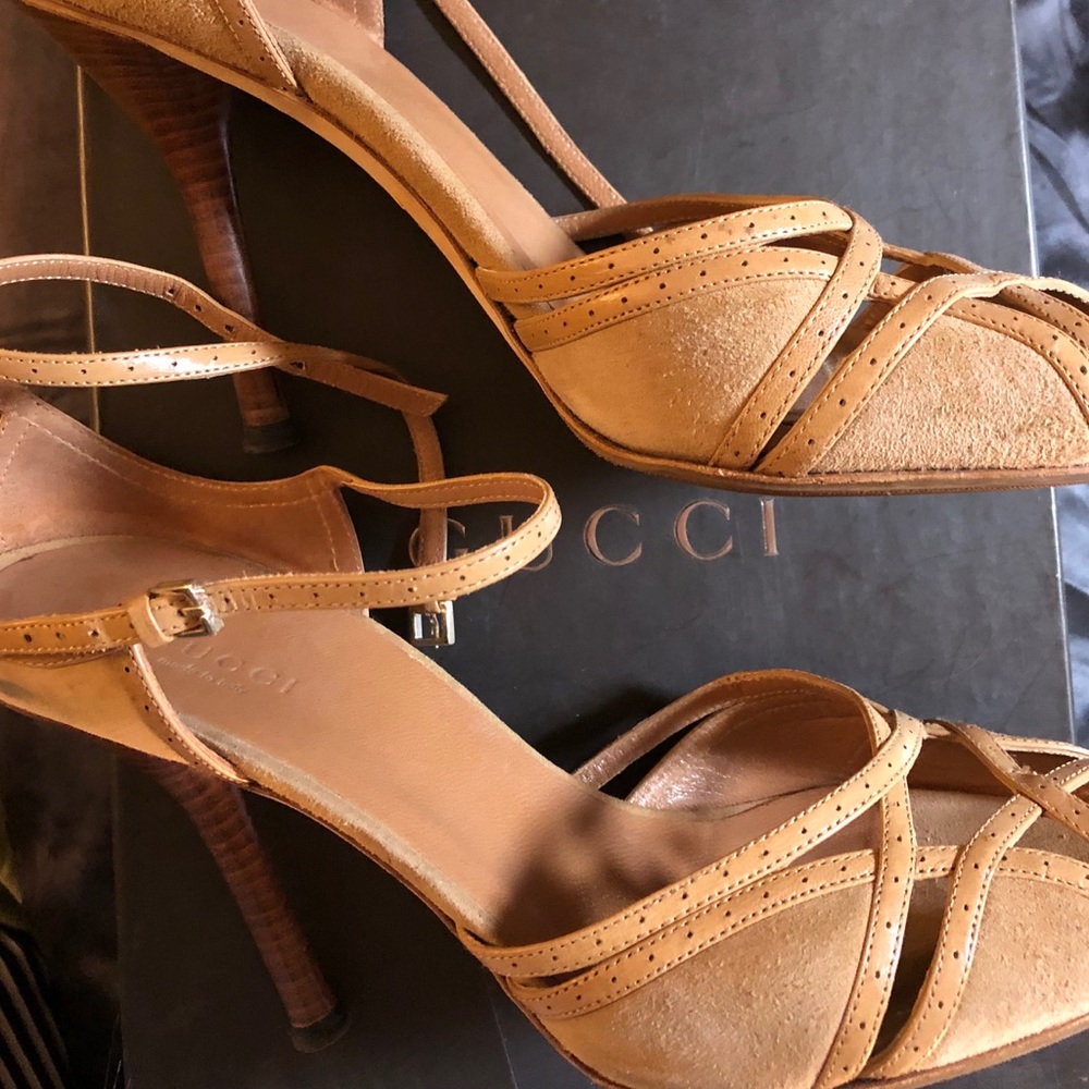 Gucci Tan Strappy Suede Heels